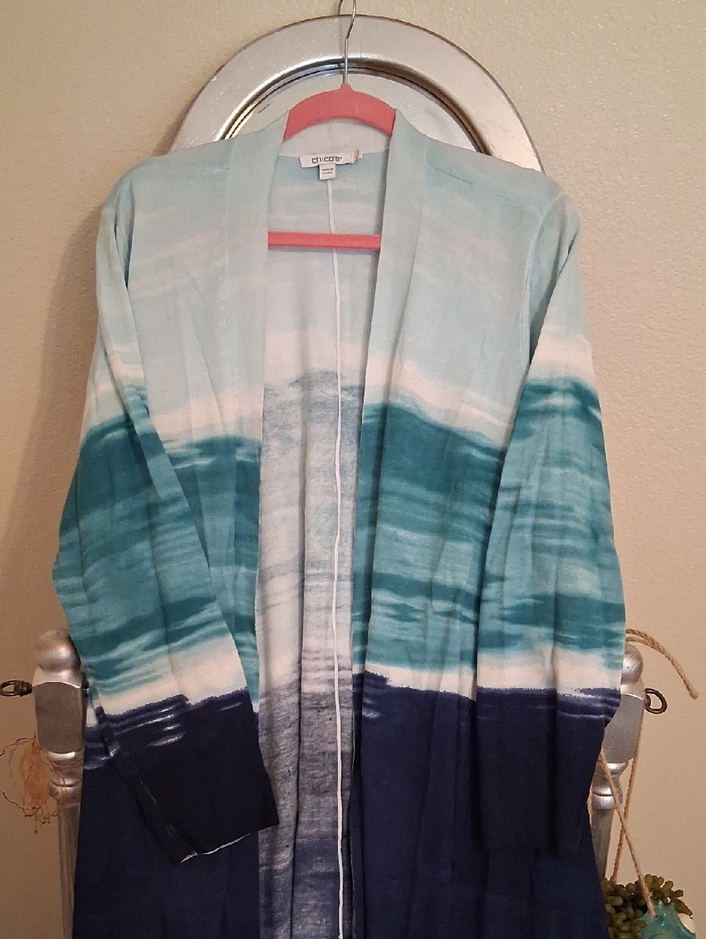Chico's teal ombre to navy open-front cardigan